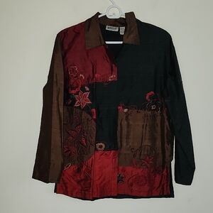 Chicos Design Vintage Silk Black Red Embroidered Beaded Floral Blouse Jacket